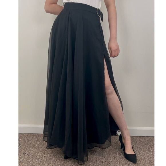 Vintage Black Tulle Maxi Formal Evening Skirt Side Slit Rhinestone Buckle - Picture 1 of 7